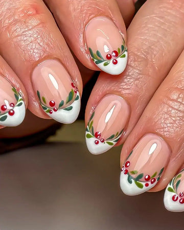Hand with festive press-on nails featuring white tips and holly berry nail art design