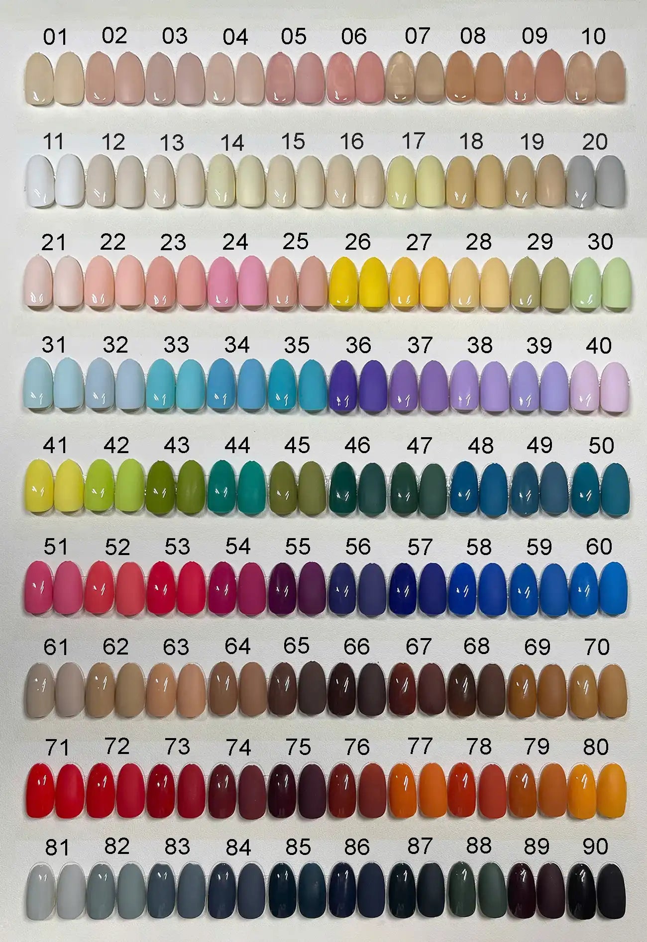 Color chart of 90 handmade press-on nails in various shades for custom nail selection