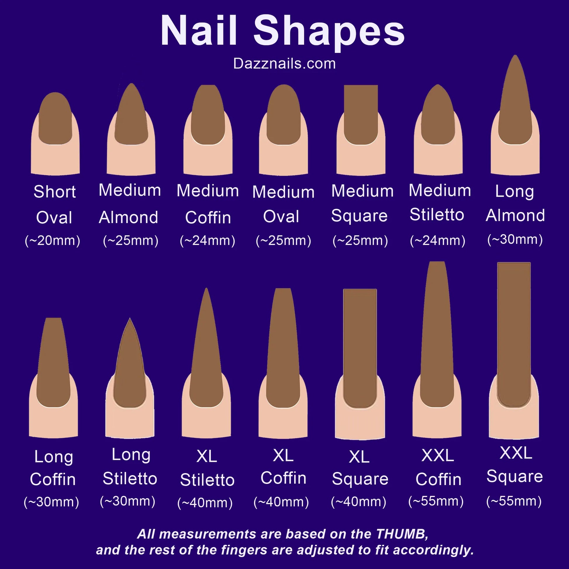 Chart displaying various press-on nail shapes and lengths, including oval, almond, coffin, stiletto, and square.