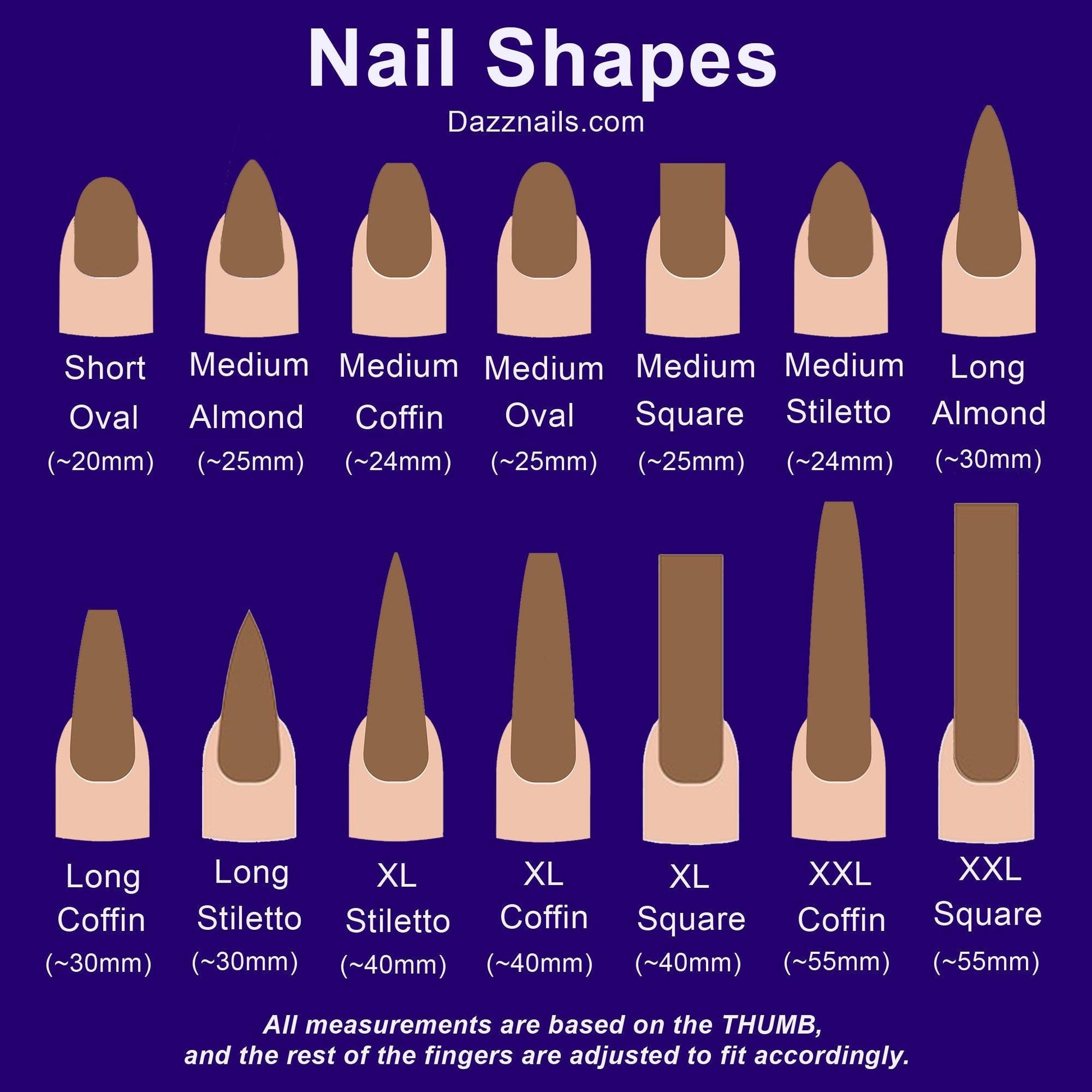 Chart displaying different press-on nail shapes and lengths including oval, almond, coffin, square, and stiletto.