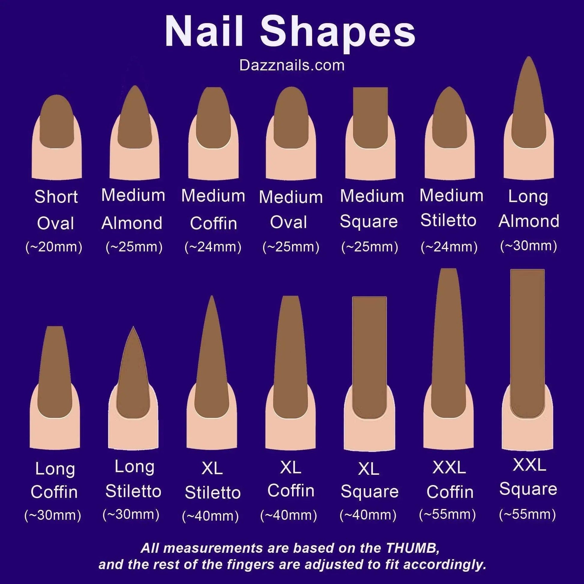 Chart showing various nail shapes and lengths for press-on nails, including oval, almond, coffin, stiletto, and square.
