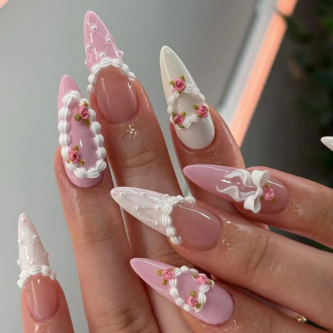Handmade 3D blush vintage floral and ribbon press-on nails in white and pink