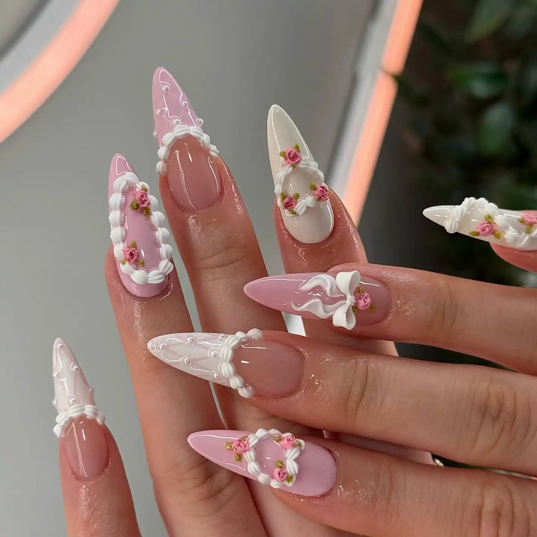 Handmade 3D blush vintage floral and ribbon press-on nails in white and pink
