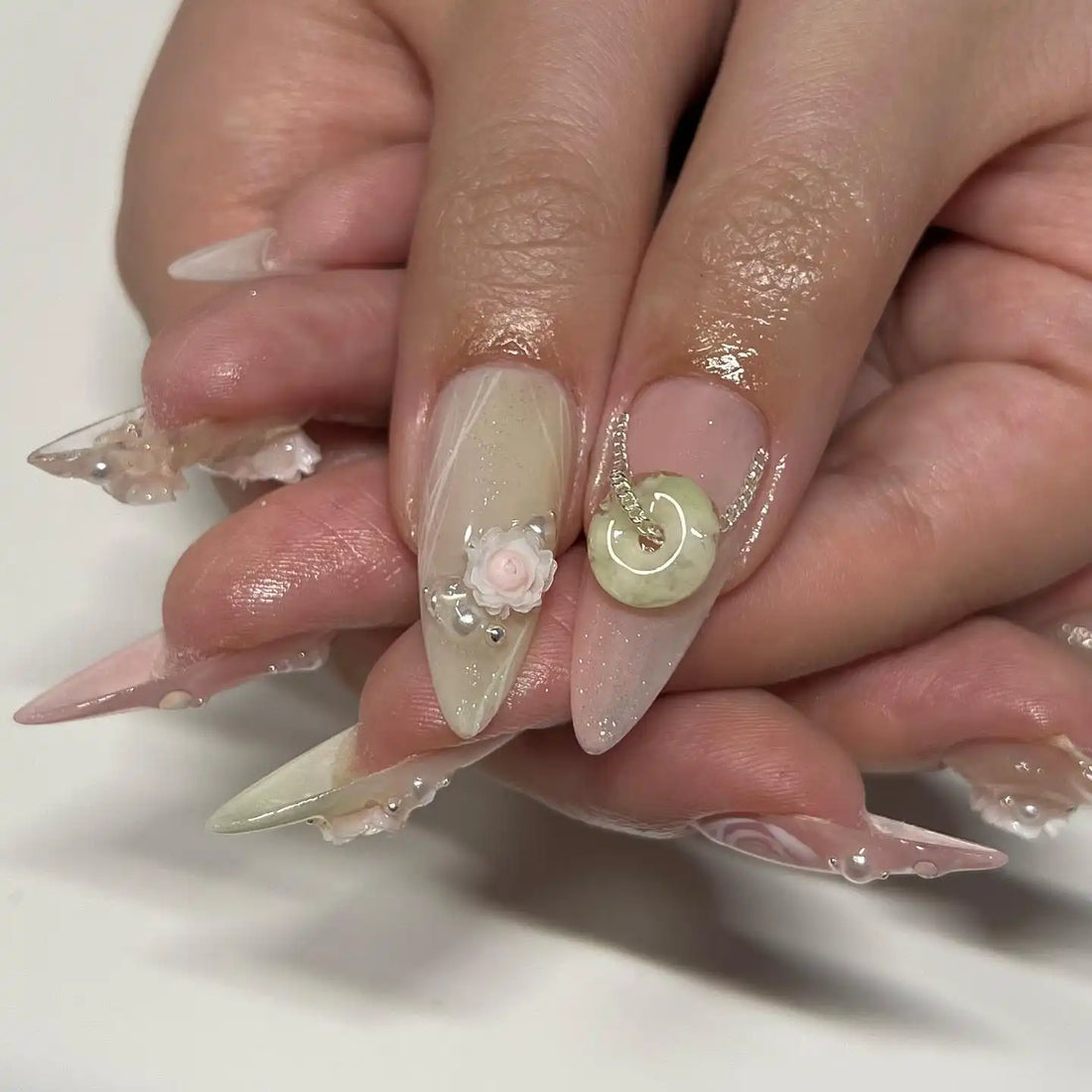 Handmade 3D pink rose spring press-on nails with pearls and delicate floral accents