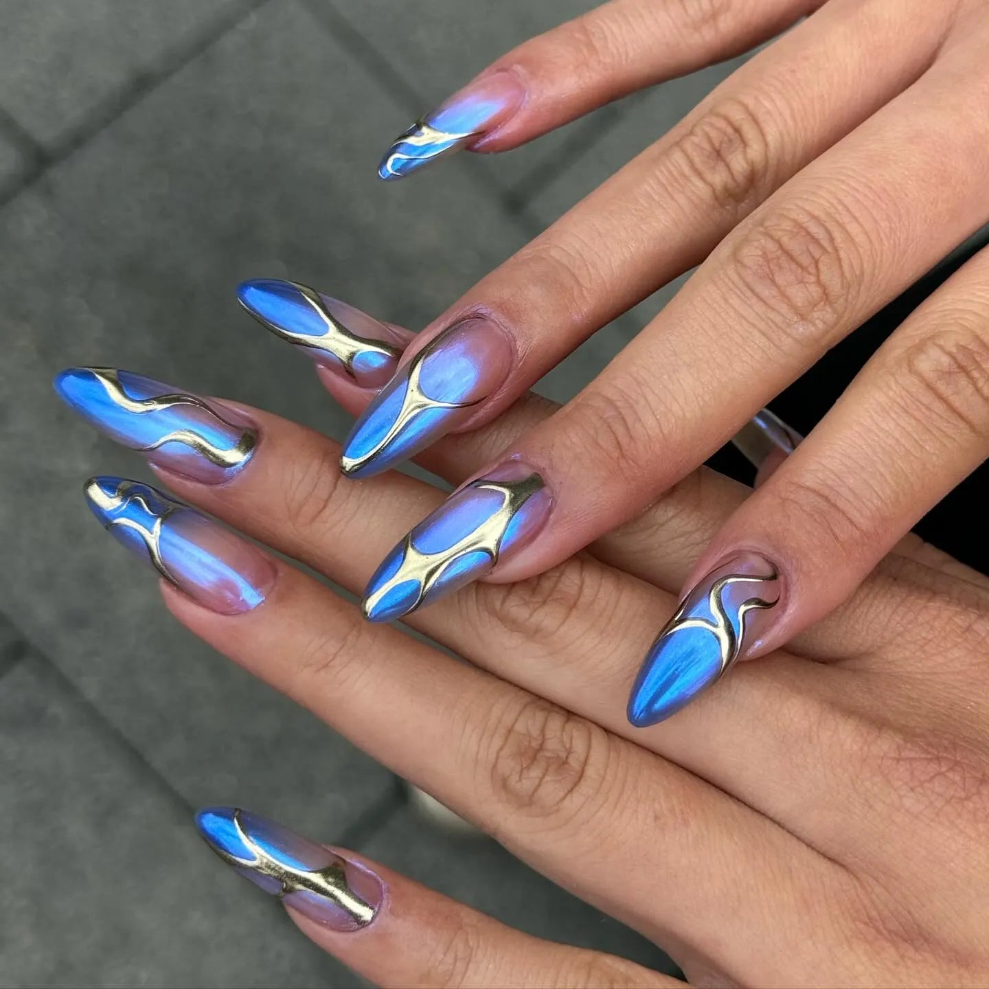 Handmade blue chrome metallic cyberpunk abstract press-on nails with gold accents