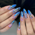 Handmade press-on nails with blue chrome and metallic cyberpunk abstract design