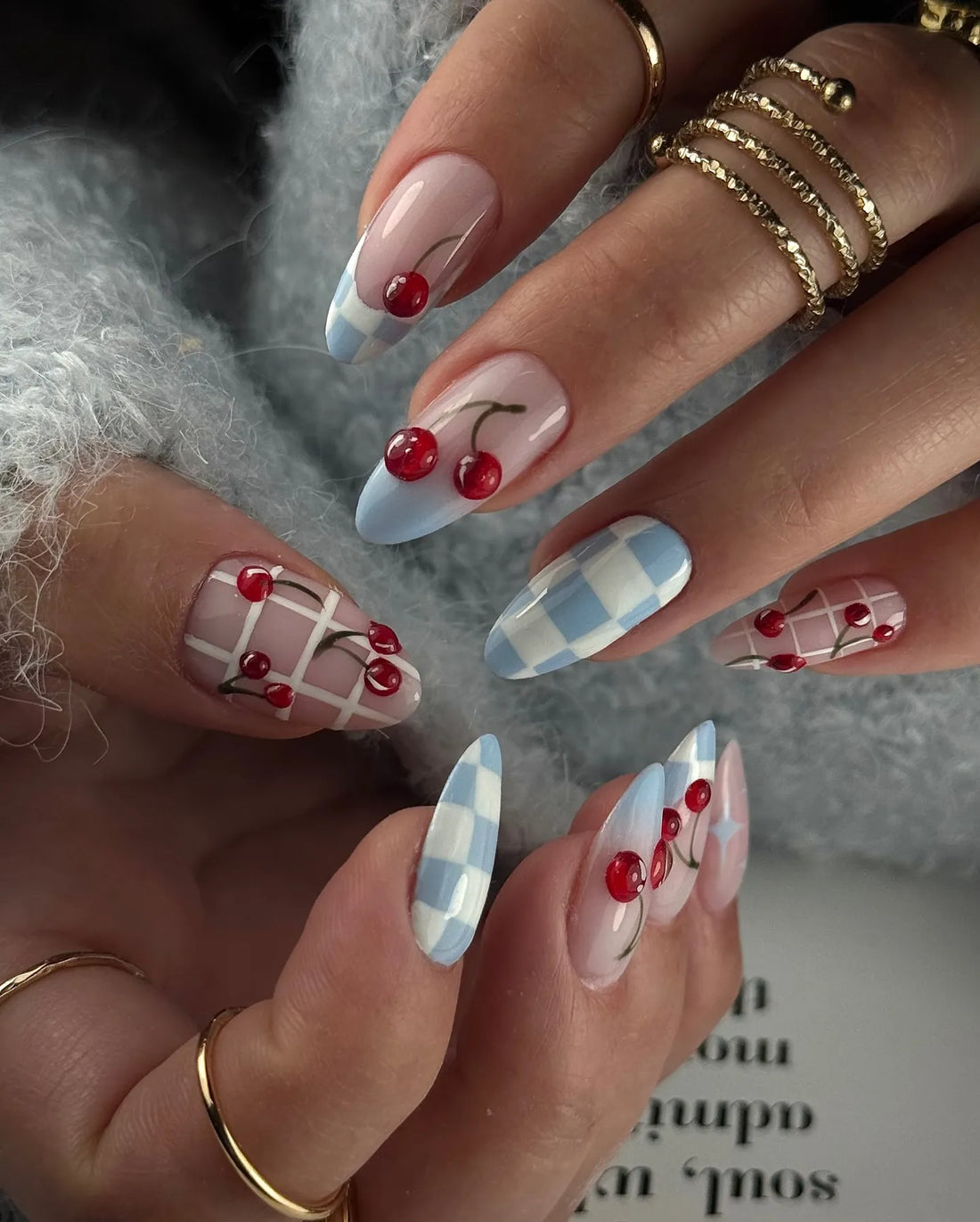 Handmade press-on nails with red cherry and blue gingham plaid picnic vintage summer design.