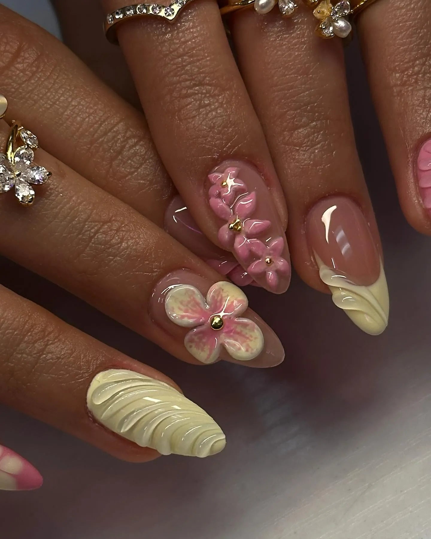 Handmade pink and yellow 3D flower spring press-on nails with sculpted shell accents