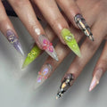 Handmade press-on nails with 3D bear, floral, iridescent, and silver metallic designs