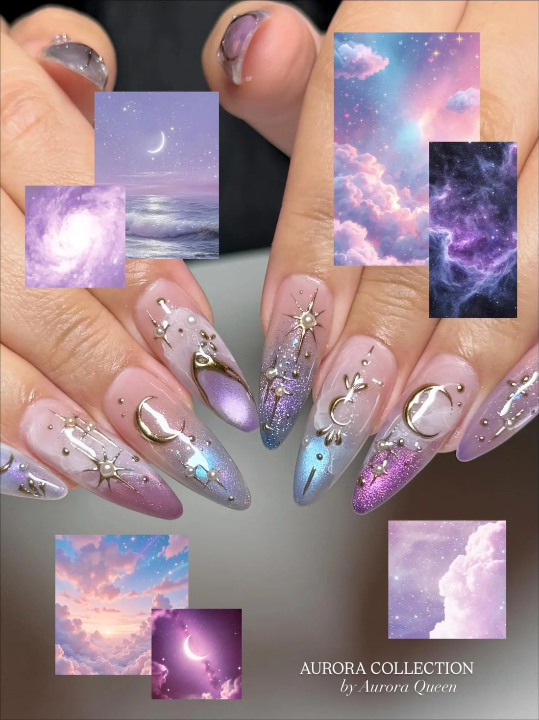 Hand with stiletto press-on nails featuring iridescent ombre, gold moon and star celestial designs.