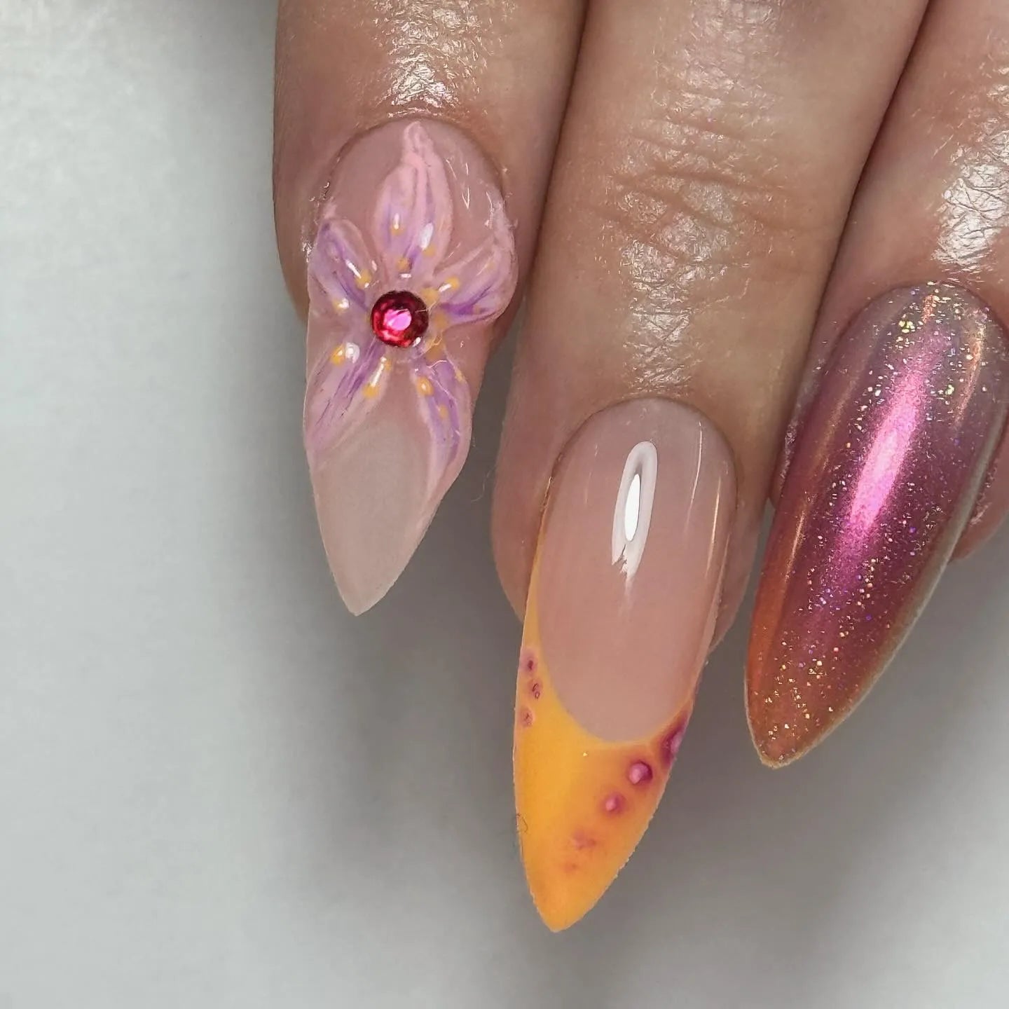 Handmade iridescent chrome pink 3D floral press-on nails with sunset ombre design