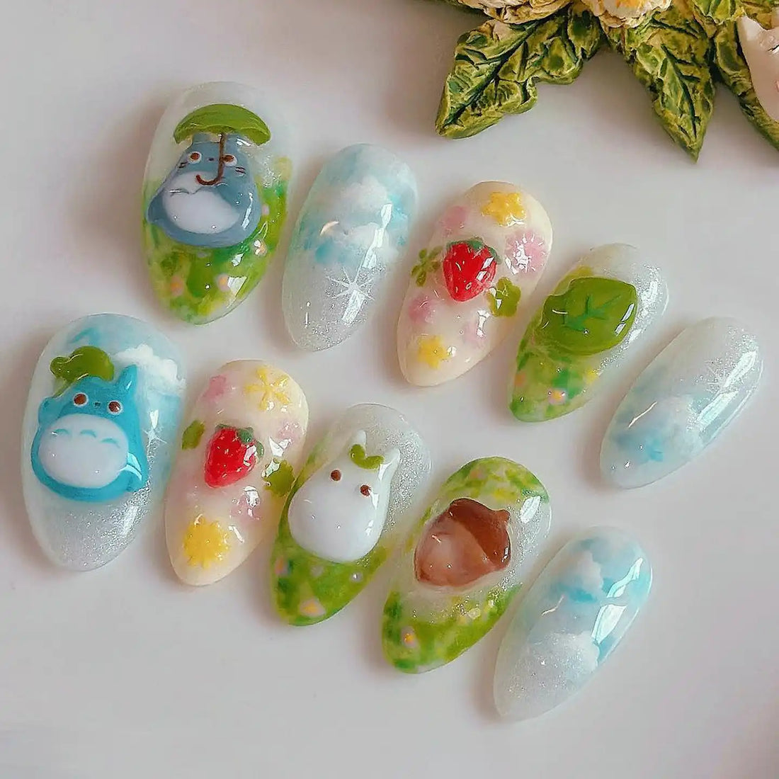 Handmade kawaii cartoon press-on nails with garden green, strawberries, and 3D animal designs