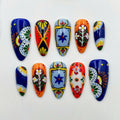 Handmade vibrant Mexican Talavera tile press-on nails with floral patterns and bold colors
