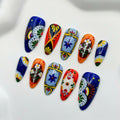 Handmade colorful press-on nails with Mexican Talavera tile art floral designs