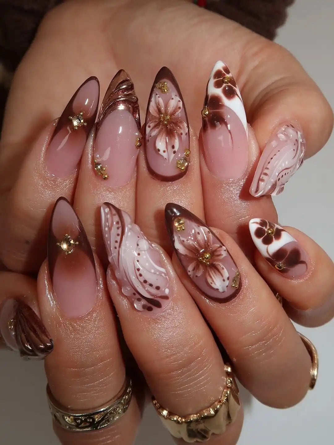 Handmade mocha latte brown ombre press-on nails with 3D floral and polka dot designs