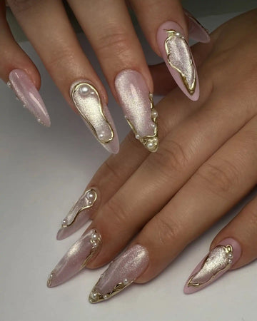 Handmade pink velvet shimmer press-on nails with 3D pearl and gold accents