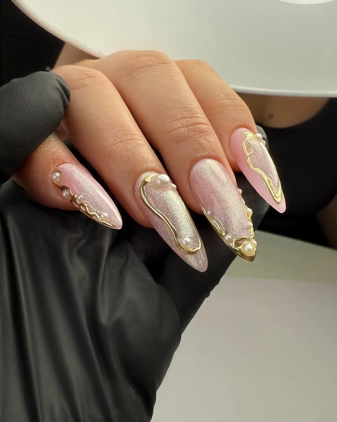 Handmade pink velvet shimmer press-on nails with 3D pearl and gold accents