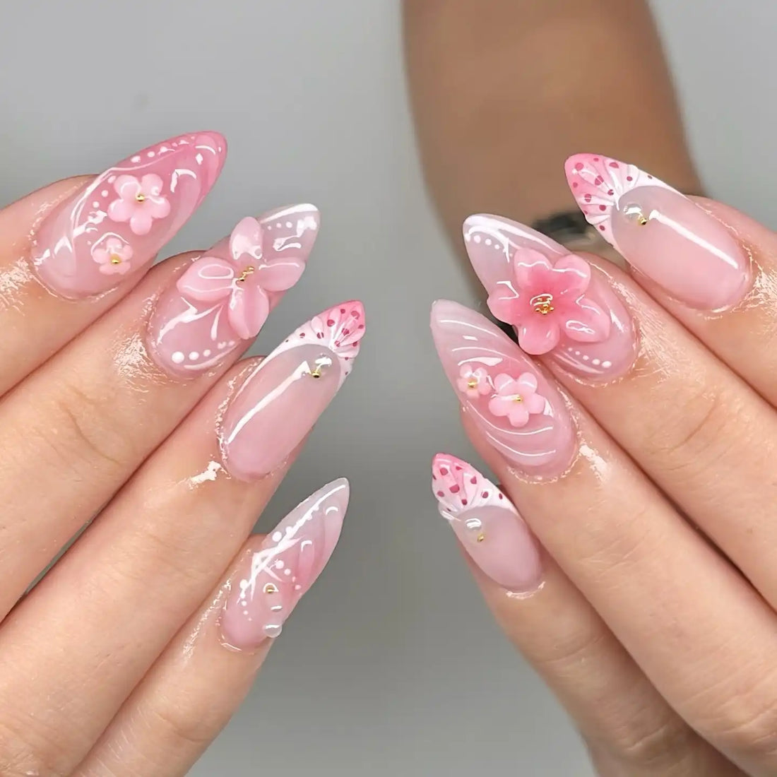 Handmade pink sakura 3D flower press-on nails with elegant spring French design