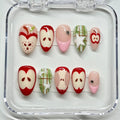 Handmade press-on nails set with cute red apple and green plaid fruit designs