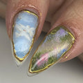Handmade press-on nails with gold trimmed floral and dove art, spring garden style
