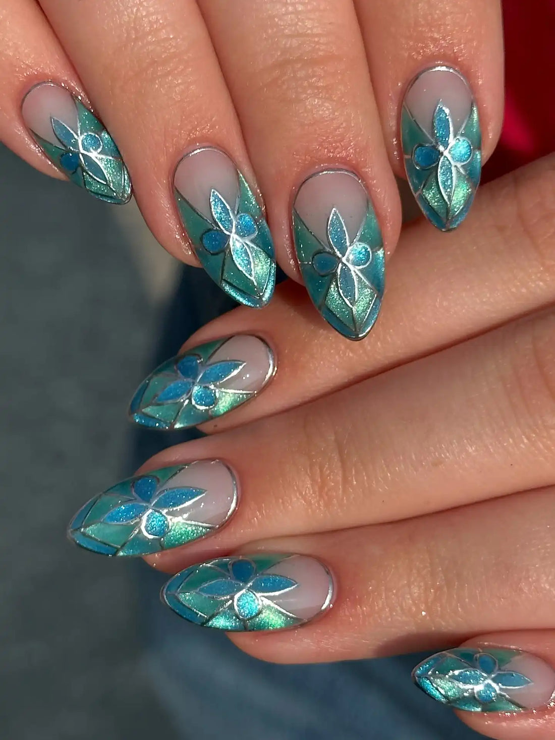 Handmade blue and silver floral stained glass press-on nails, elegant almond shape