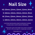 Nail size guide for press-on nails showing XS, S, M, L measurements in millimeters on a purple background.
