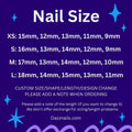 Nail size chart for press-on nails showing XS to L measurements, custom options, and website info.