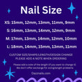 Nail size chart with measurements for XS, S, M, L press-on nails on a purple background.